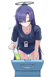 Rule 34 | bad id, bad twitter id, blue archive, bottle, breasts, buruma, closed eyes, cooler, drink, gachou, gym shirt, gym uniform, hair between eyes, halo, holding, holding drink, lanyard, large breasts, leaning forward, ponytail, purple hair, shirt, sigh, standing, sweat, t-shirt, thighs, wet, wet clothes, wet shirt, white background, yuuka (blue archive), yuuka (track) (blue archive)
