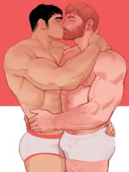 Rule 34 | 2boys, abs, arm hair, arms around waist, bara, beard, black hair, blush, boxer briefs, bulge, chest hair, couple, dopey (dopq), face-to-face, facial hair, from side, hairy, highres, kiss, large pectorals, long sideburns, male focus, male pubic hair, male underwear, mature male, messy hair, multiple boys, muscular, muscular male, mustache, navel hair, nipples, orange hair, original, pectorals, pubic hair, short hair, sideburns, smile, stomach, thighs, underwear, underwear only, white male underwear, yaoi