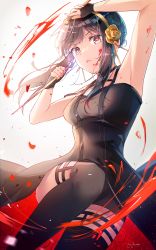 Rule 34 | 1girl, absurdres, armpits, black dress, black hair, black thighhighs, blood, blood on face, blood splatter, dress, dual wielding, flower, hair flower, hair ornament, hairband, highres, holding, holding weapon, kokonex, looking at viewer, open mouth, red eyes, short dress, short hair with long locks, sidelocks, signature, sleeveless, sleeveless dress, solo, spy x family, thighhighs, weapon, yellow flower, yellow hairband, yor briar, zettai ryouiki