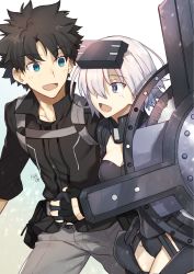 Rule 34 | 1boy, 1girl, armor, armored dress, black armor, black gloves, black hair, black shirt, blue eyes, breasts, commentary request, fate/grand order, fate (series), fingerless gloves, fujimaru ritsuka (male), fujimaru ritsuka (male) (polar chaldea uniform), gloves, grey pants, hair over one eye, highres, holding, holding hands, holding shield, holding weapon, looking at another, mash kyrielight, mash kyrielight (ortenaus), medium breasts, nikame, one eye covered, open mouth, pants, pink hair, pointy hair, polar chaldea uniform, purple eyes, shield, shirt, short hair, signature, smile, uniform, weapon