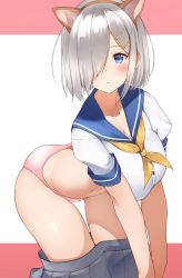 Rule 34 | 1girl, animal ears, ass, asymmetrical bangs, blue hair, blush, breasts, cleavage, closed mouth, clothes pull, collarbone, crop top, dog ears, fake animal ears, furrowed brow, hair ornament, hair over one eye, hairclip, hamakaze (kancolle), hechi (hechi322), highres, kantai collection, large breasts, navel, neckerchief, one eye closed, panties, pink panties, pleated skirt, sailor collar, school uniform, serafuku, short hair, short sleeves, sidelocks, silver hair, simple background, skindentation, skirt, skirt pull, solo, stomach, thigh gap, thighs, underwear