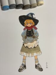 Rule 34 | 1girl, alternate costume, ankle socks, art tools in frame, black footwear, black hat, black skirt, black vest, blonde hair, bow, buttons, frilled skirt, frills, hat, hat bow, highres, kirisame marisa, long sleeves, puffy sleeves, red scarf, scarf, shiratama (hockey), shirt, shoes, skirt, sneakers, socks, solo, touhou, traditional media, vest, white background, white shirt, witch hat