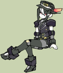 Rule 34 | 1boy, alvin (polynian), bad id, bad pixiv id, black hair, closed mouth, doll joints, full body, green background, hair between eyes, hat, joints, crossed legs, looking at viewer, male focus, naikai (user thwt4524), necktie, red eyes, robot, robot neoanthropinae polynian, simple background, smile, solo