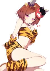 Rule 34 | 1girl, absurdres, alternate costume, animal ears, breasts, brown hair, closed mouth, collarbone, commentary request, hat, heart, highres, horse ears, horse girl, looking at viewer, medium hair, navel, oni costume, sakura laurel (oni laurel) (umamusume), sakura laurel (umamusume), simple background, small breasts, smile, solo, umamusume, white background, yamada auto
