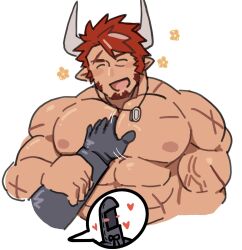 Rule 34 | 1boy, :d, ^ ^, abs, animal ears, arknights, bara, closed eyes, cow boy, cow ears, cow horns, cropped torso, doctor (arknights), dog tags, guided pectoral grab, happy aura, highres, horns, humus (arknights), huwenlang, large pectorals, male focus, motion lines, multicolored hair, multiple scars, muscular, muscular male, nipples, open mouth, pectorals, red hair, scar, short hair, smile, solo focus, streaked hair, thick eyebrows