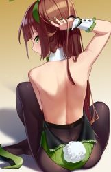 Rule 34 | 1girl, animal ears, artist name, back, back focus, backless leotard, bare back, bare shoulders, black pantyhose, blunt bangs, bow, bowtie, brown hair, commentary, detached collar, easter, english commentary, fake animal ears, fake tail, green bow, green bowtie, green eyes, green footwear, green leotard, green nails, hair up, hand up, high heels, highres, leotard, leotard removed, long hair, looking back, mole, mole on back, nail polish, novareeee, open mouth, original, pantyhose, playboy bunny, rabbit tail, shadow, simple background, sitting, solo, tail, wrist cuffs, yellow background
