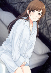 Rule 34 | 1girl, alternate costume, blurry, blush, breasts, brown hair, cleavage, collarbone, dutch angle, feet out of frame, highres, idolmaster, idolmaster cinderella girls, indoors, long hair, looking at viewer, medium breasts, nitta minami, no pants, on bed, open collar, oversized clothes, oversized shirt, popon ta, shirt, sitting, sleeves past wrists, smile, solo, straight hair, very long hair, white shirt