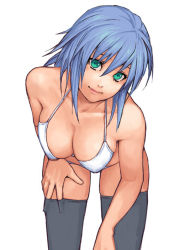 Rule 34 | 1girl, aqua eyes, bikini, black thighhighs, blue hair, breasts, cleavage, halterneck, hand on own thigh, hand on thigh, head tilt, large breasts, leaning forward, looking at viewer, original, simple background, smile, solo, swimsuit, thighhighs, white background, white bikini, yuuji (and)
