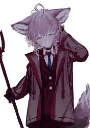 Rule 34 | 1girl, absurdres, ahoge, alternate costume, animal ears, arknights, blue eyes, blue necktie, blush, choker, coat, collared shirt, commentary, cowboy shot, formal, fox ears, fox girl, fox tail, grin, half-closed eyes, hand in own hair, hand on own head, hand up, head tilt, highres, holding, holding staff, jacket, long hair, long sleeves, looking at viewer, necktie, open clothes, open coat, pink hair, purple jacket, red jacket, shirt, simple background, smile, solo, staff, suit, sussurro (arknights), tail, teeth, white background, yamori no o