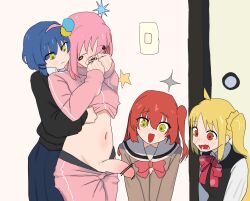 Rule 34 | 4girls, ahoge, bar censor, blonde hair, blue hair, blue skirt, blush, bocchi the rock!, bow, bowtie, censored, closed mouth, clothes lift, clothes pull, cube hair ornament, foreskin, futa with female, futanari, gotoh hitori, green eyes, hair between eyes, hair ornament, ijichi nijika, jacket, jacket lift, kita ikuyo, lifting another&#039;s clothes, long hair, long sleeves, lower teeth only, minomushi4649, multiple girls, navel, one side up, open mouth, pants, pants pull, penis, penis awe, phimosis, pink hair, pink jacket, pink pants, red bow, red bowtie, red eyes, red hair, shirt, short hair, skirt, teeth, textless version, white shirt, yamada ryo, yellow eyes