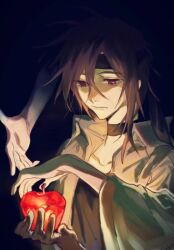Rule 34 | 1other, androgynous, apple, artist request, bad source, black background, black choker, black headband, black shirt, brown eyes, brown hair, choker, closed mouth, collarbone, collared jacket, dark background, food, frown, fruit, green jacket, headband, holding, holding food, holding fruit, jacket, kurohebi, len&#039;en, long sleeves, looking at object, medium hair, non-web source, outstretched arm, reaching, shirt, source request, thick eyebrows, upper body, wide sleeves