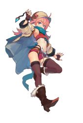 Rule 34 | 1girl, blue eyes, boots, bow, covered mouth, fingerless gloves, full body, fur trim, gloves, hat, highres, jacket, leotard, long hair, looking at viewer, off shoulder, official art, open clothes, open jacket, peroshi (graphic loops), pink hair, simple background, solo, tess sheringham, thighhighs, toys drive, white background