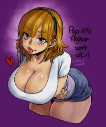 Rule 34 | 1girl, :p, agawa ryou, bent over, black hairband, blonde hair, breast hold, breasts, cleavage, collaboration, colorized, commentary, cropped legs, crossed arms, dated, denim, denim shorts, english commentary, green eyes, hairband, heart, huge breasts, lips, original, purple background, shorts, sketchlanza, solo, thick thighs, thighs, tongue, tongue out