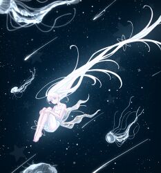 Rule 34 | 1girl, absurdres, barefoot, floating, highres, ivelovedsekaowa, jellyfish, meteor, original, solo, space, white hair