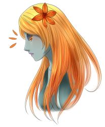 Rule 34 | 1girl, alternate hairstyle, blue skin, colored sclera, colored skin, crxsszeria, flower, hair flower, hair ornament, long hair, midna, midna (true), nintendo, orange hair, red eyes, solo, spoilers, the legend of zelda, the legend of zelda: twilight princess, upper body, white background, yellow sclera