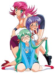 Rule 34 | 3girls, aqua eyes, blush, breasts, bright pupils, closed eyes, glasses, grabbing, grabbing another&#039;s breast, green hair, hand on own ass, kneeling, large breasts, leaning forward, lilia milcrabe, long hair, long sleeves, looking at viewer, multiple girls, official art, one eye closed, pencil skirt, pink hair, purple hair, raika grace, seela mcclegg, short hair, simple background, sitting, skirt, sleeveless, smile, v arms, viper, viper f40, wariza, white background