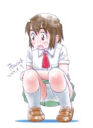 Rule 34 | 1girl, ayase fuuka, blush, brown eyes, brown footwear, brown hair, collared shirt, commentary request, eyebrows, frilled skirt, frills, full body, graphite (medium), green skirt, looking away, necktie, open mouth, panties, pantyshot, peacock (p-location), red necktie, school uniform, shirt, short hair, short sleeves, sketch, skirt, socks, solo, squatting, thick eyebrows, traditional media, underwear, white shirt, yotsubato!