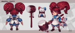 Rule 34 | 1girl, alternate costume, alternate hairstyle, animal ears, apron, artist name, blush, blush stickers, brown eyes, buckler, buttons, character name, concept art, dress, fang, highres, kienan lafferty, league of legends, multiple views, pantyhose, pillow, poppy (league of legends), ragdoll poppy, rattle drum, red hair, shield, striped clothes, striped legwear, striped pantyhose, turnaround, twintails, yarn