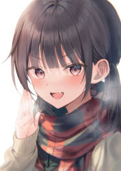 Rule 34 | 1girl, bad id, bad twitter id, black hair, blush, breath, brown eyes, brown sweater, commentary request, fang, hand up, long hair, long sleeves, looking at viewer, low twintails, midorikawa you, original, puffy long sleeves, puffy sleeves, scarf, simple background, sleeves past wrists, solo, sweater, twintails, upper body, v-shaped eyebrows, white background