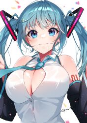 Rule 34 | 1girl, anzu (x anzu ill), aqua eyes, aqua hair, aqua necktie, bare shoulders, blush, breasts, center opening, cleavage, collared shirt, commentary request, confetti, detached sleeves, hair ornament, hands up, hatsune miku, highres, large breasts, looking at viewer, necktie, number tattoo, partially unbuttoned, shirt, sidelocks, signature, simple background, sleeveless, sleeveless shirt, solo, tattoo, twintails, upper body, vocaloid, white background, white shirt