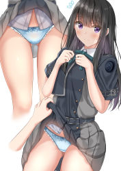 Rule 34 | 1girl, bare legs, black dress, black hair, blue panties, blush, closed mouth, clothes lift, collared shirt, commentary request, dress, dress lift, gluteal fold, highres, inoue takina, long hair, looking at viewer, lycoris recoil, multiple views, panties, pleated dress, purple eyes, school uniform, shirt, simple background, skirt, skirt lift, smile, standing, sunsun2812, thigh gap, thighs, underwear, uniform, white background, white shirt