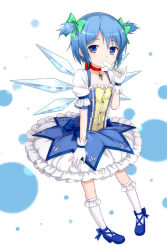 Rule 34 | 1girl, alternate hairstyle, bobby socks, bow, cirno, collarbone, cosplay, dress, food, frilled dress, frills, fusion, gloves, hair bow, kaname madoka, kaname madoka (cosplay), mahou shoujo madoka magica, mahou shoujo madoka magica (anime), pinky out, popsicle, short twintails, socks, solo, touhou, tucana, twintails, white socks, wings