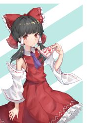 Rule 34 | 1girl, ascot, bare shoulders, black hair, blunt bangs, bow, closed mouth, collared shirt, cowboy shot, detached sleeves, diagonal stripes, frilled bow, frilled skirt, frills, hair bow, hair tubes, hakurei reimu, highres, holding, leste (humansequencer), long skirt, looking at viewer, medium hair, ofuda, pleated skirt, purple ascot, red bow, red eyes, red shirt, red skirt, ribbon-trimmed sleeves, ribbon trim, shirt, skirt, sleeveless, sleeveless shirt, solo, striped, striped background, touhou, white sleeves, wide sleeves, yin yang