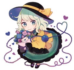 Rule 34 | 1girl, black hat, blouse, blue eyes, bouquet, bow, chibi, closed mouth, commentary request, flower, frilled shirt collar, frilled skirt, frilled sleeves, frills, full body, hat, hat bow, heart, heart of string, komeiji koishi, looking at viewer, lowres, mozukuzu (manukedori), rose, shirt, skirt, sleeves past wrists, smile, solo, third eye, touhou, white background, wide sleeves, yellow bow