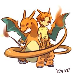 Rule 34 | 1990s (style), 1boy, :&lt;, charizard, creatures (company), dragon, fire, flame-tipped tail, game freak, gen 1 pokemon, hitec, male focus, moemon, nintendo, personification, pokemon, pokemon (creature), pokemon rgby, red eyes, red hair, retro artstyle, short hair, simple background, standing, translation request