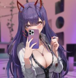 Rule 34 | 1girl, akuma nihmune, akuma nihmune (1st costume), black necktie, blunt bangs, blurry, blurry background, blush, breasts, breasts squeezed together, choker, cleavage, demon horns, earrings, fake horns, grey choker, highres, horns, indie virtual youtuber, indoors, jewelry, large breasts, long hair, looking at viewer, maenoo, nail polish, necklace, necktie, phone, pink nails, purple eyes, purple hair, selfie, shirt, solo, standing, upper body, virtual youtuber, white shirt