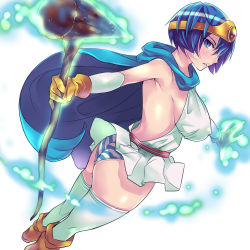 Rule 34 | 1girl, blue eyes, blue hair, breasts, cape, chunsoft, circlet, covered erect nipples, dragon quest, dragon quest iii, enix, gloves, large breasts, magic, matching hair/eyes, panties, sage (dq3), short hair, sideboob, solo, staff, striped clothes, striped panties, thighhighs, underwear, yoshiron