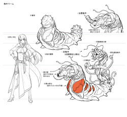 Rule 34 | 1girl, 1other, ass, breasts, character sheet, cleavage, creature, curvy, fingernails, full body, hands on own hips, hime cut, kagami hirotaka, large breasts, lilith-soft, long hair, monochrome, monster, multiple views, navel, official art, phallic symbol, simple background, solo, taimanin (series), taimanin asagi zero, taimanin rpgx, tentacle penis, tentacles, translation request, very long hair, white background, wide hips, yatsu murasaki