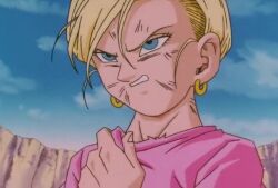 Rule 34 | 1girl, android 18, angry, animated, audible speech, blonde hair, blue eyes, bra, breasts, cleavage, day, dragon ball, dragon ball gt, earrings, english audio, head out of frame, injury, jewelry, medium breasts, removing shirt, solo, sound, standing, tagme, talking, torn clothes, underwear, video, wardrobe malfunction