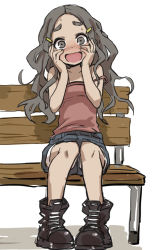 Rule 34 | 1girl, :d, bench, blush, boots, denim, denim shorts, full body, grey eyes, grey hair, hair ornament, hairclip, hands on own cheeks, hands on own face, long hair, looking at viewer, open mouth, original, shorts, simple background, sitting, smile, solo, strap slip, sweatdrop, white background, yamamoto souichirou