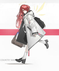 Rule 34 | 1girl, absurdres, arknights, backpack, bag, black footwear, commentary request, countryman (artist), exusiai (arknights), from side, grey background, hair over one eye, highres, hood, hood down, hooded jacket, jacket, loafers, long hair, long sleeves, looking away, looking back, one side up, open clothes, open jacket, red eyes, red hair, shadow, shoes, sleeves past wrists, socks, solo, very long hair, walking, white jacket, white socks