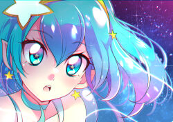 Rule 34 | 1girl, absurdres, aqua eyes, aqua hair, commentary, cure milky, earrings, hair ornament, hairband, highres, jewelry, long hair, looking at viewer, magical girl, mitsuki tayura, open mouth, pointy ears, precure, sky, solo, sparkle, star-shaped pupils, star (sky), star (symbol), star earrings, star hair ornament, star twinkle precure, starry sky, symbol-shaped pupils, wind, yellow hairband