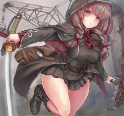 Rule 34 | 1girl, bag, belt, black capelet, black dress, black footwear, blush, boots, braid, breasts, brown belt, brown eyes, brown hair, capelet, closed mouth, commission, dress, em s, highres, holding, holding sword, holding weapon, hood, hooded capelet, kantai collection, katana, large breasts, long hair, long sleeves, shinshuu maru (kancolle), solo, sword, twin braids, unsheathed, weapon