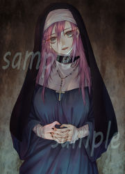 Rule 34 | 1girl, @ @, absurdres, bandaged arm, bandages, black collar, black nails, collar, commission, cross, dated, eyes visible through hair, fingernails, hair between eyes, highres, long hair, nail polish, nun, ojo aa, original, parted lips, pink-haired nun (404notfound), pink hair, sample watermark, signature, skeb commission, smile, solo, standing, traditional nun, watermark
