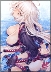 Rule 34 | 1girl, ass, bad id, bad pixiv id, bikini, black jacket, breasts, choker, cleavage, commentary request, fate/grand order, fate (series), gloves, jacket, jeanne d&#039;arc alter (swimsuit berserker) (fate), jeanne d&#039;arc (fate), jeanne d&#039;arc alter (fate), jeanne d&#039;arc alter (swimsuit berserker) (fate), katana, large breasts, long hair, looking at viewer, o-ring, rororogi mogera, shrug (clothing), solo, swimsuit, sword, weapon, wet, white hair, yellow eyes