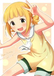Rule 34 | 1girl, :d, absurdres, arm up, blush, border, brown eyes, commentary, cowboy shot, dated, dress, english text, green shorts, happy birthday, highres, kise saki, looking at viewer, medium hair, mitsuboshi colors, neckerchief, open mouth, outside border, ponytail, sailor collar, sekina, shorts, shorts under dress, smile, solo, standing, v, white border, white neckerchief, white sailor collar, yellow dress