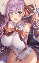 Rule 34 | 1girl, bare shoulders, bb (fate), bb (fate) (all), bb (swimsuit mooncancer) (fate), bb (swimsuit mooncancer) (third ascension) (fate), black coat, blush, breasts, coat, fate/grand order, fate (series), gloves, hair ribbon, highleg, highleg leotard, highres, inusaka, large breasts, leotard, long hair, looking at viewer, neck ribbon, open clothes, open coat, open mouth, popped collar, purple eyes, purple hair, red ribbon, ribbon, smile, solo, thighs, very long hair, wand, white gloves, white leotard