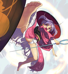 Rule 34 | 1girl, :d, ass, bare legs, barefoot, bowl, bowl hat, commentary request, feet, floating hair, foreshortening, full body, fundoshi, groin, hair intakes, hat, highres, holding, holding needle, japanese clothes, kicking, kimono, long sleeves, looking at viewer, mallet, medium hair, midair, miracle mallet, needle, needle sword, obi, open mouth, outstretched arms, outstretched leg, purple hair, red eyes, sash, smile, soles, solo, spread legs, sukuna shinmyoumaru, syope, toes, touhou, wide sleeves