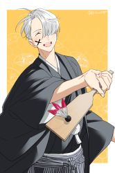 Rule 34 | 10s, 1boy, 92 (artist), ^ ^, closed eyes, closed eyes, facepaint, hagoita, hair over one eye, hanetsuki, japanese clothes, male focus, new year, open mouth, paddle, silver hair, smile, solo, viktor nikiforov, yuri!!! on ice