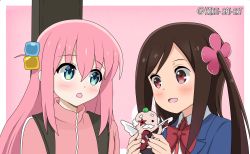 Rule 34 | 2girls, artist name, blue cardigan, blue eyes, blush, bocchi the rock!, bow, bowtie, brown hair, cardigan, commentary, crossover, english commentary, flower, gotoh hitori, hair flower, hair ornament, hakaisaiart, highres, hitori bocchi, hitoribocchi no marumaru seikatsu, instrument case, long hair, multiple girls, name connection, pink background, pink hair, pink track suit, portrait, red bow, red eyes, side ponytail, track suit, trait connection