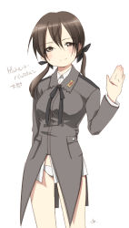 Rule 34 | 00s, 1girl, gertrud barkhorn, military, military uniform, panties, solo, strike witches, translated, twintails, underwear, uniform, waving, world witches series