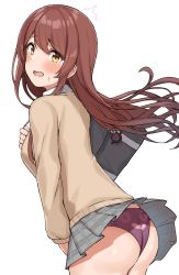 Rule 34 | 1girl, absurdres, ass, bag charm, blush, breasts, brown hair, charm (object), clothes lift, commentary request, cowboy shot, debi tarou, dot nose, embarrassed, floating hair, from side, grey skirt, hand up, highres, idolmaster, idolmaster shiny colors, long sleeves, looking at viewer, miniskirt, open mouth, osaki tenka, panties, plaid, plaid skirt, pleated skirt, raised eyebrows, shiny skin, simple background, skirt, skirt lift, solo, surprised, sweatdrop, teeth, underwear, upper teeth only, wanimaru, wavy mouth, white background, wind, wind lift