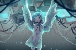 Rule 34 | 1girl, absurdres, angel wings, blue theme, blurry, cable, closed mouth, danganronpa (series), danganronpa 2: goodbye despair, dress, feathered wings, halo, highres, liang cun rakuna, light particles, medium hair, monitor, nanami chiaki, neck ribbon, own hands together, ribbon, screen, solo, spoilers, white dress, white wings, wings