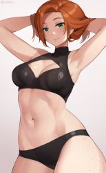 Rule 34 | 1girl, armpits, arms up, body freckles, breasts, closed mouth, commission, freckles, green eyes, grey background, hands in hair, highres, iwbitu, looking at viewer, medium breasts, medium hair, navel, orange hair, original, simple background, smile, solo