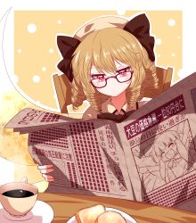 Rule 34 | 1girl, black bow, black bowtie, blonde hair, bow, bowtie, bread, bread slice, chestnut mouth, coffee, cup, dress, drill hair, fairy, fairy wings, food, glasses, hair bow, hat, highres, horns, ibuki suika, luna child, newspaper, orange background, reading, red eyes, rie-co, short hair, solo, sparkling eyes, toast, touhou, white hat, wings