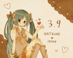Rule 34 | 1girl, bad id, bad pixiv id, bow, character name, dated, green eyes, green hair, hair bow, hatsune miku, heart, kneehighs, long hair, matching hair/eyes, necktie, rokka32, sitting, skirt, socks, solo, twintails, very long hair, vocaloid